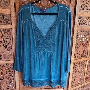 Artesia Teal Lace-Trim Peasant Top - Women Size Large